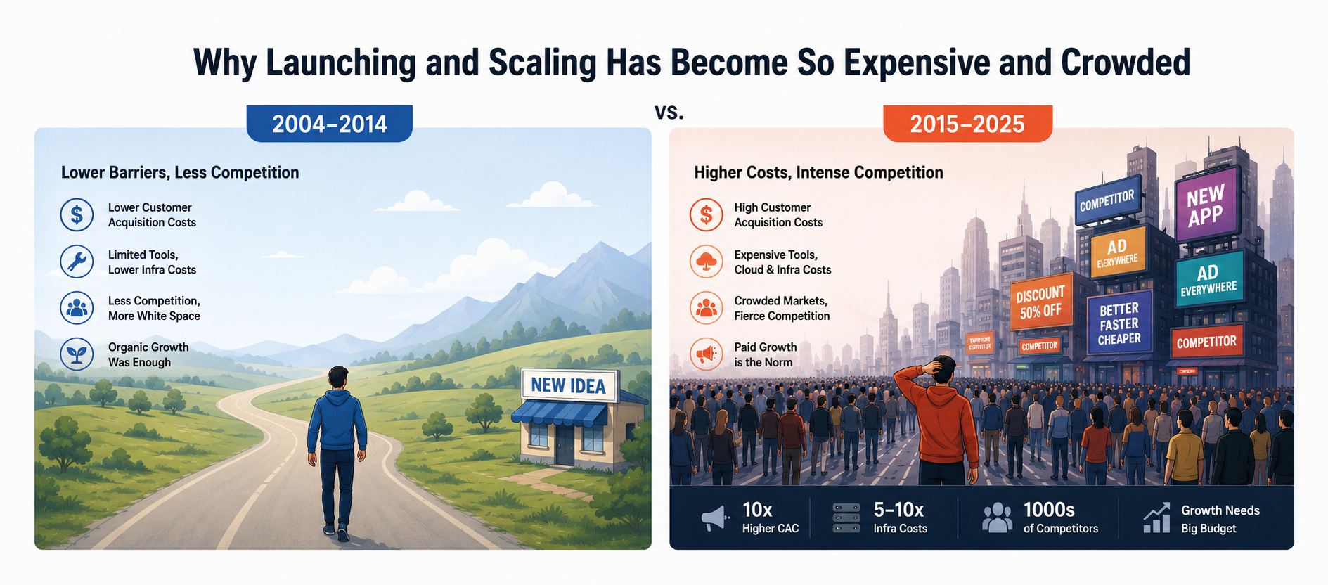 Why Launching and Scaling A Busniess Has Become So Expensive and Crowded (2004–2014 vs. 2015–2025)